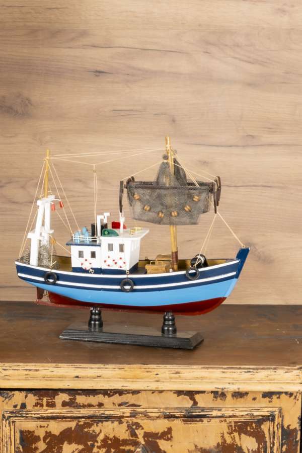Wooden Blue Net Fishing Boat Model 